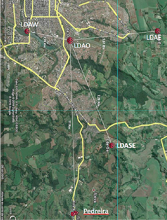 Mapa da distribuicao de sensores implantados em parceria entre o IAG-USP e Universidade Estadual de Londrina.