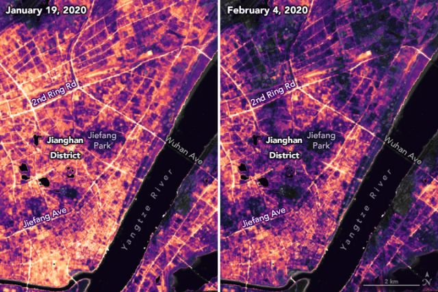 Imagens de satlite comparam diferentes momentos na cidade de Hubei, na China. As cenas revelam a mudana de comportamento durante a pandemia de 2020. 