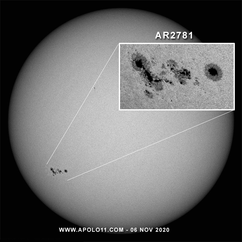 Observao da regio ativa AR2781. A feio mede cerca de 450 milionsimos do disco estelar, equivalente a 1,36 bilho de quilmetros quadrados.