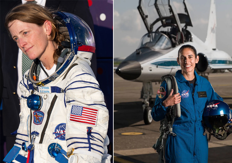 Astronautas Loral OHara (esq) e Jasmin Moghbeli (dir) deixaram a maleta escapar durante a manuteno programada em um dos paineis solares da Estao Espacial Internacional, ISS.<BR>